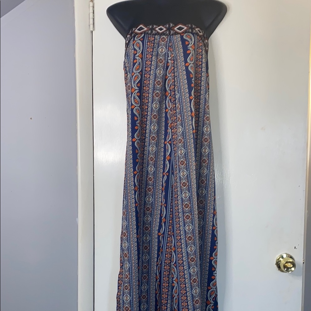 🆕 Bohemian Strapless Maxi Romper Jumpsuit - Blue and Orange Pattern L